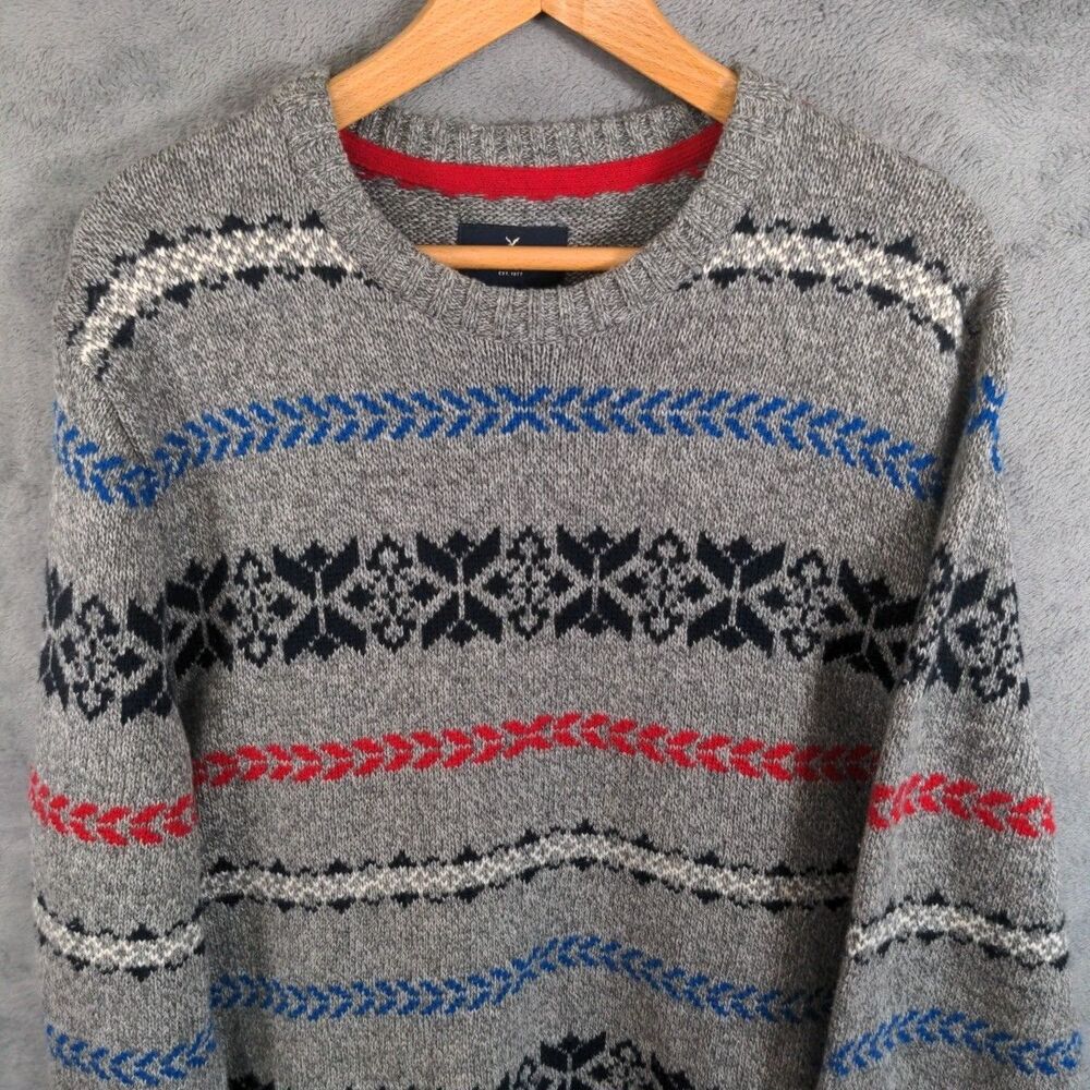American Eagle Fair Isle Sweater Mens XL Gray Soft Cotton Blend Knit Nordic